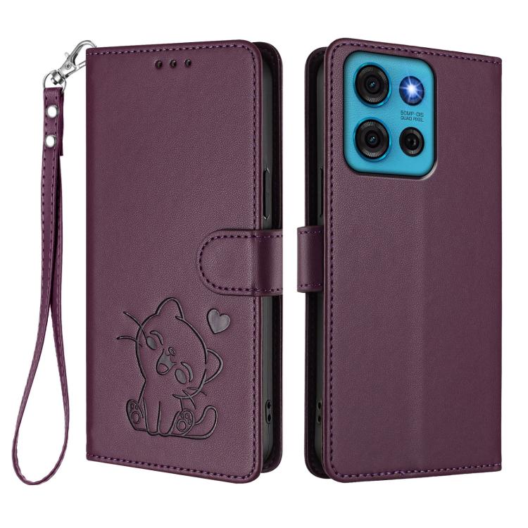 For Motorola Moto G75 5G Embossed Heart Cat Leather Phone Case with Hand Strap