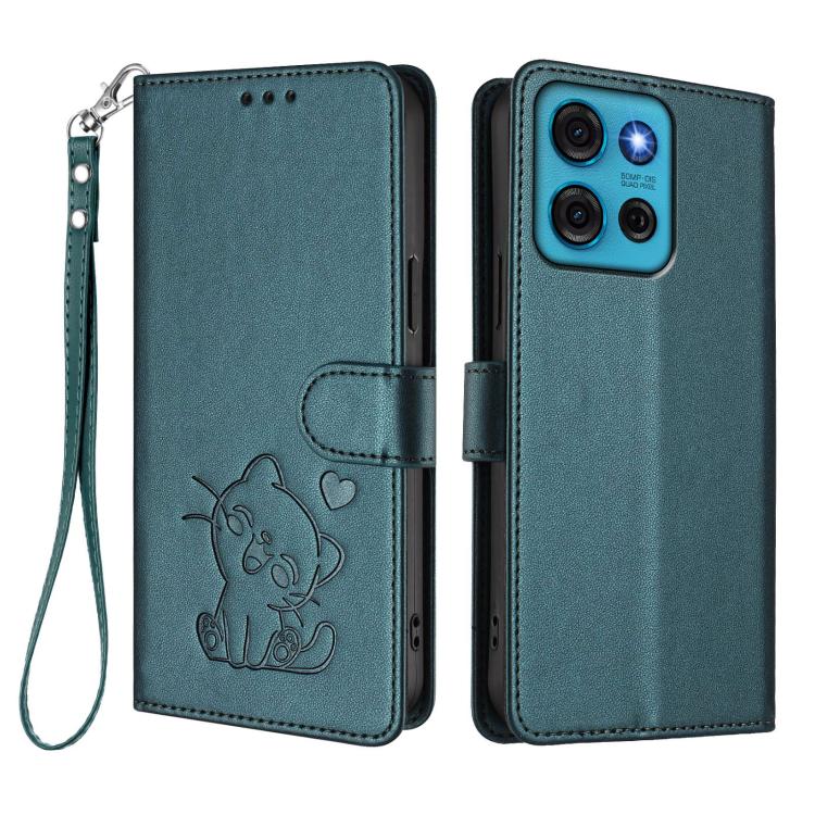 For Motorola Moto G75 5G Embossed Heart Cat Leather Phone Case with Hand Strap