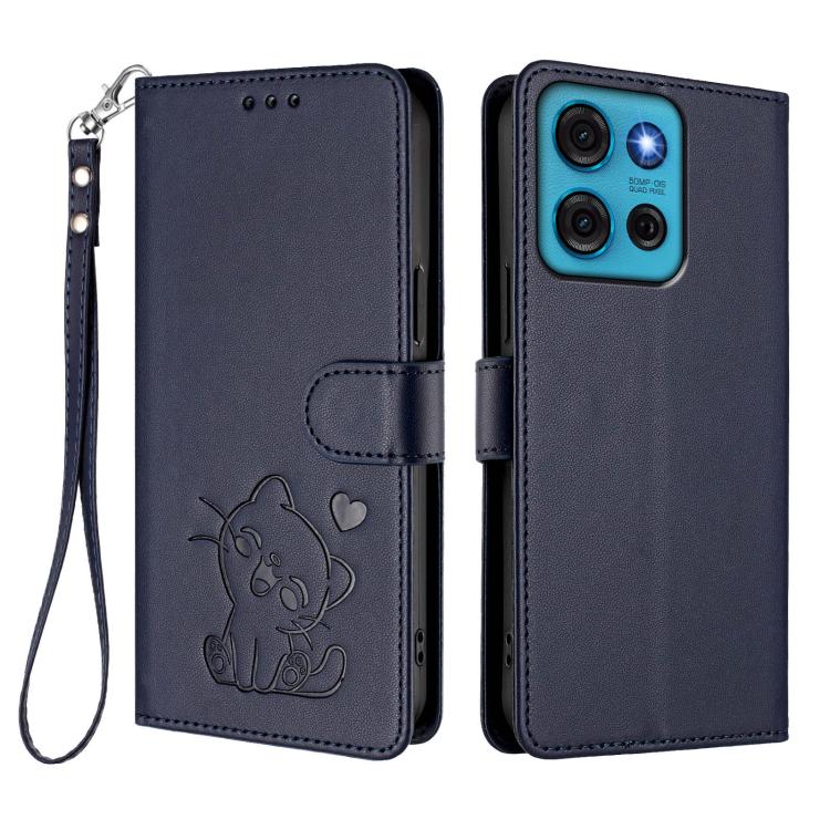 For Motorola Moto G75 5G Embossed Heart Cat Leather Phone Case with Hand Strap