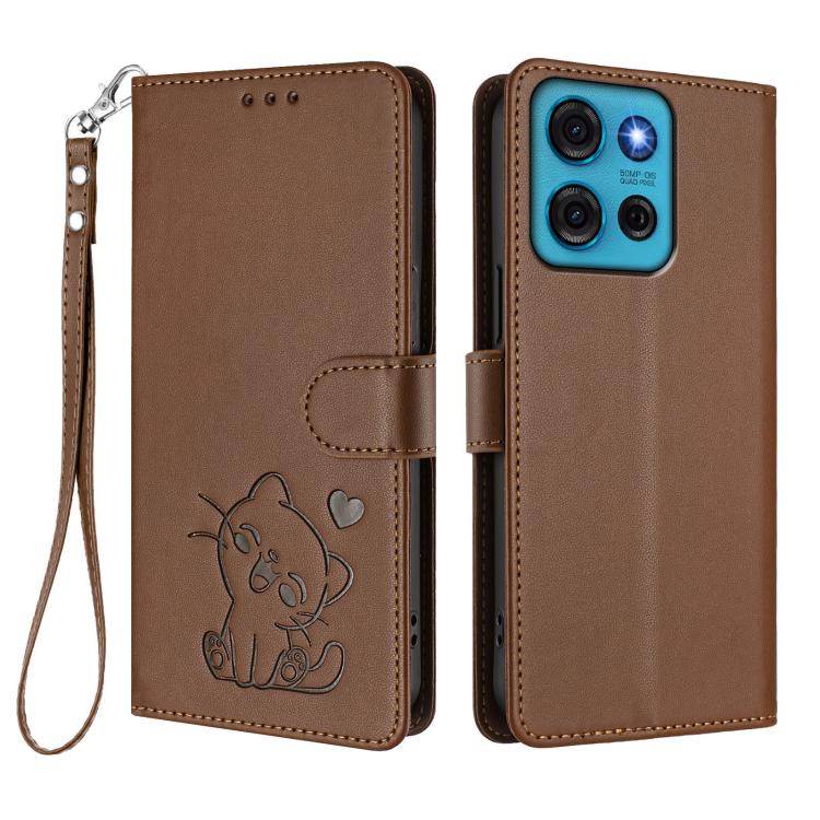 For Motorola Moto G75 5G Embossed Heart Cat Leather Phone Case with Hand Strap