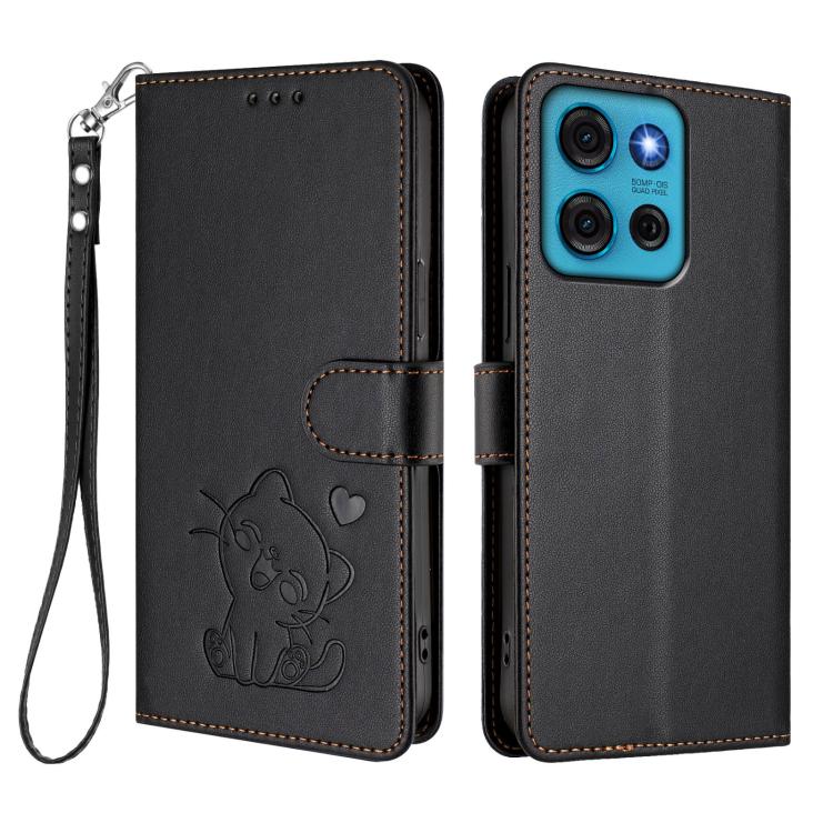 For Motorola Moto G75 5G Embossed Heart Cat Leather Phone Case with Hand Strap