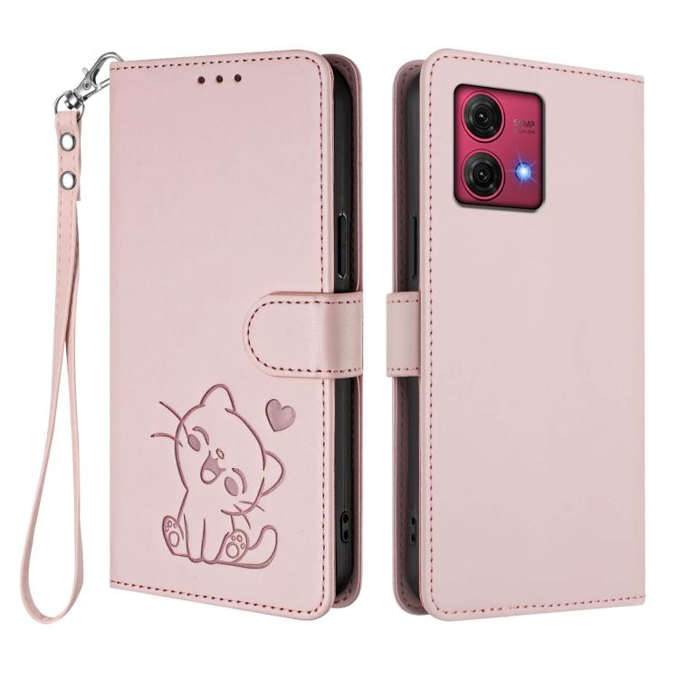 For Motorola Moto G84 5G Embossed Heart Cat Leather Phone Case with Hand Strap