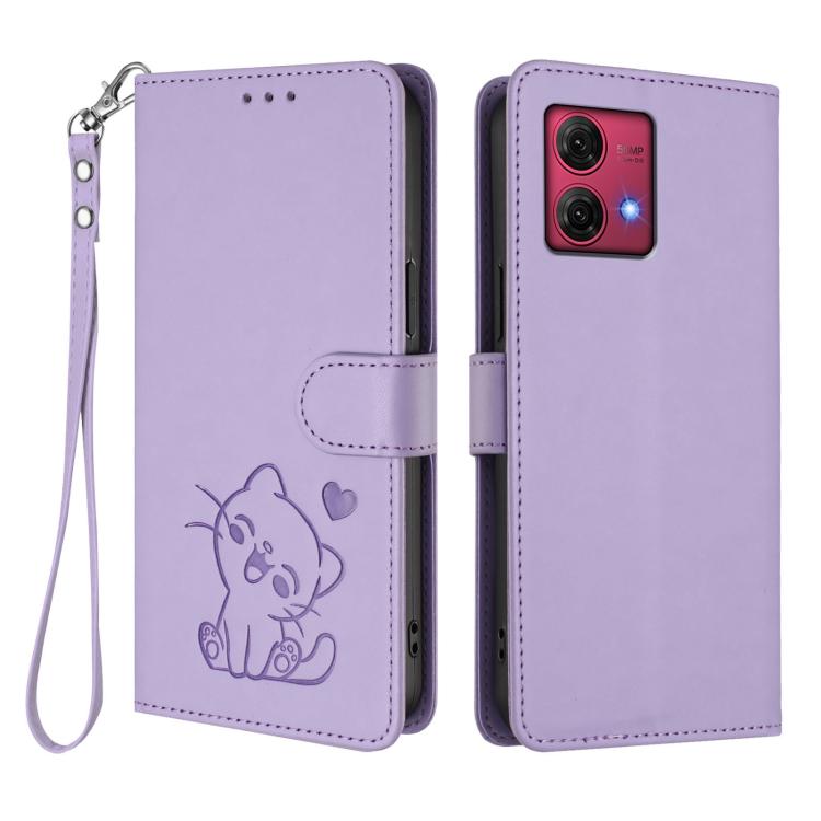 For Motorola Moto G84 5G Embossed Heart Cat Leather Phone Case with Hand Strap