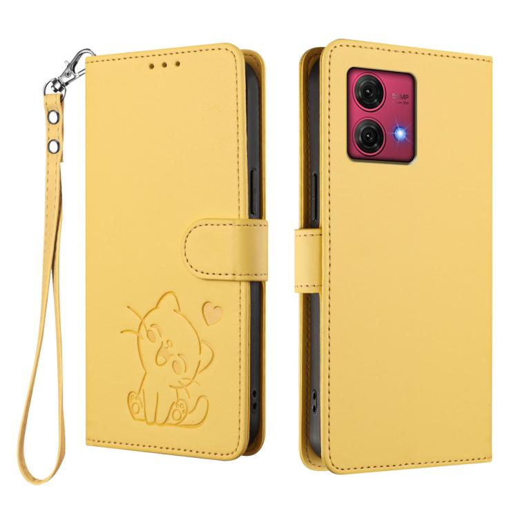 For Motorola Moto G84 5G Embossed Heart Cat Leather Phone Case with Hand Strap
