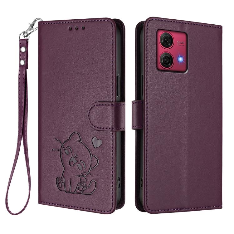 For Motorola Moto G84 5G Embossed Heart Cat Leather Phone Case with Hand Strap
