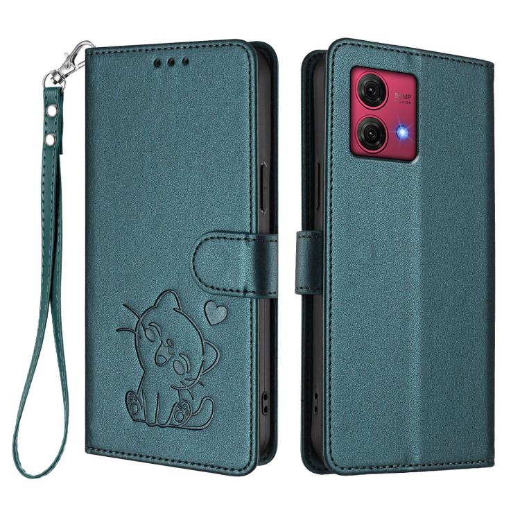 For Motorola Moto G84 5G Embossed Heart Cat Leather Phone Case with Hand Strap