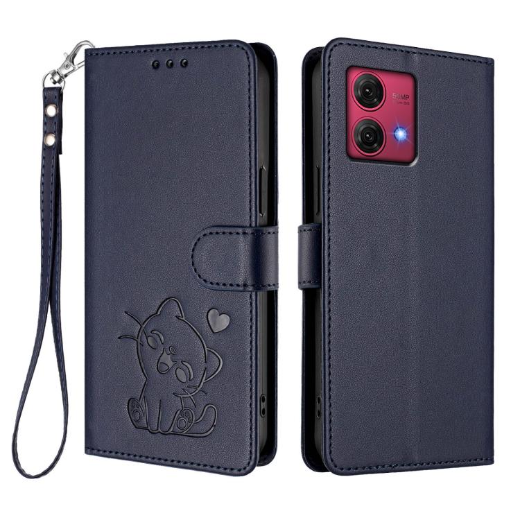 For Motorola Moto G84 5G Embossed Heart Cat Leather Phone Case with Hand Strap