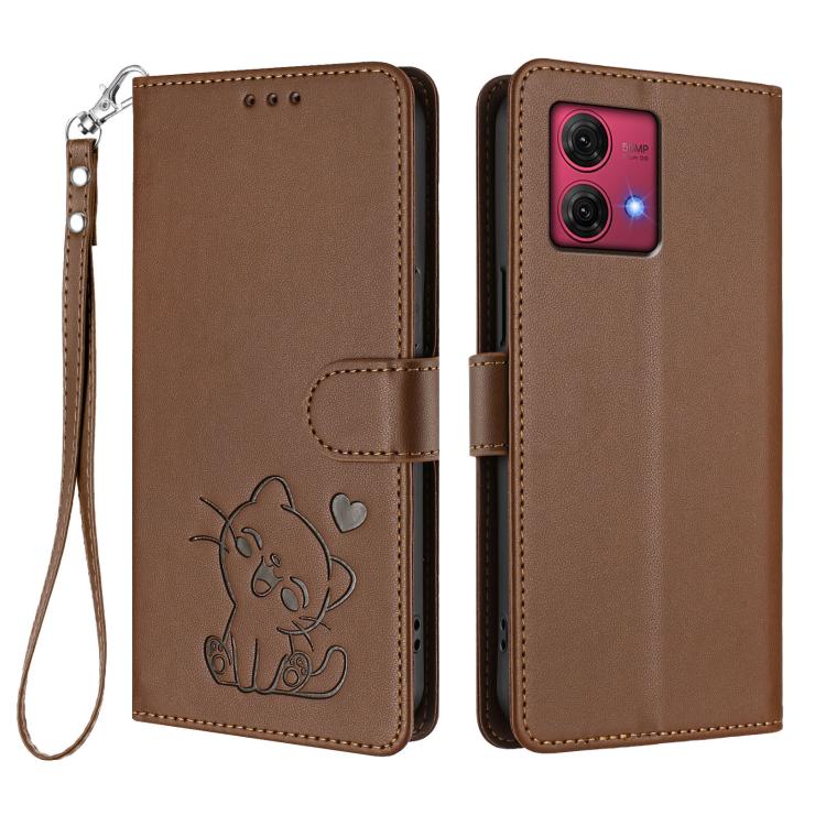 For Motorola Moto G84 5G Embossed Heart Cat Leather Phone Case with Hand Strap
