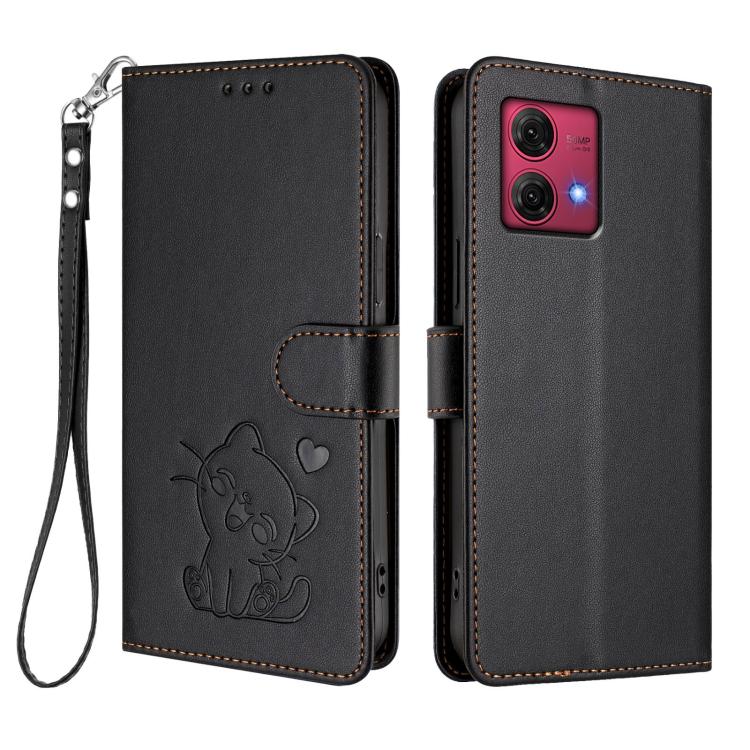 For Motorola Moto G84 5G Embossed Heart Cat Leather Phone Case with Hand Strap