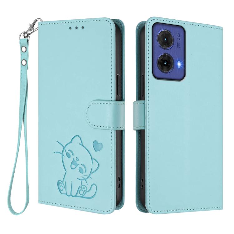 For Motorola Moto G85 5G Embossed Heart Cat Leather Phone Case with Hand Strap