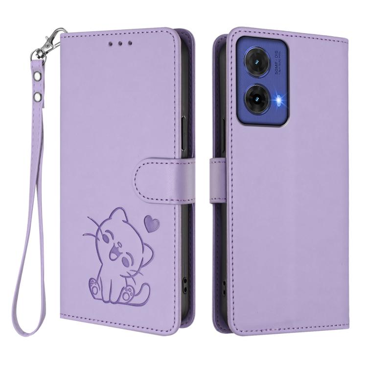 For Motorola Moto G85 5G Embossed Heart Cat Leather Phone Case with Hand Strap