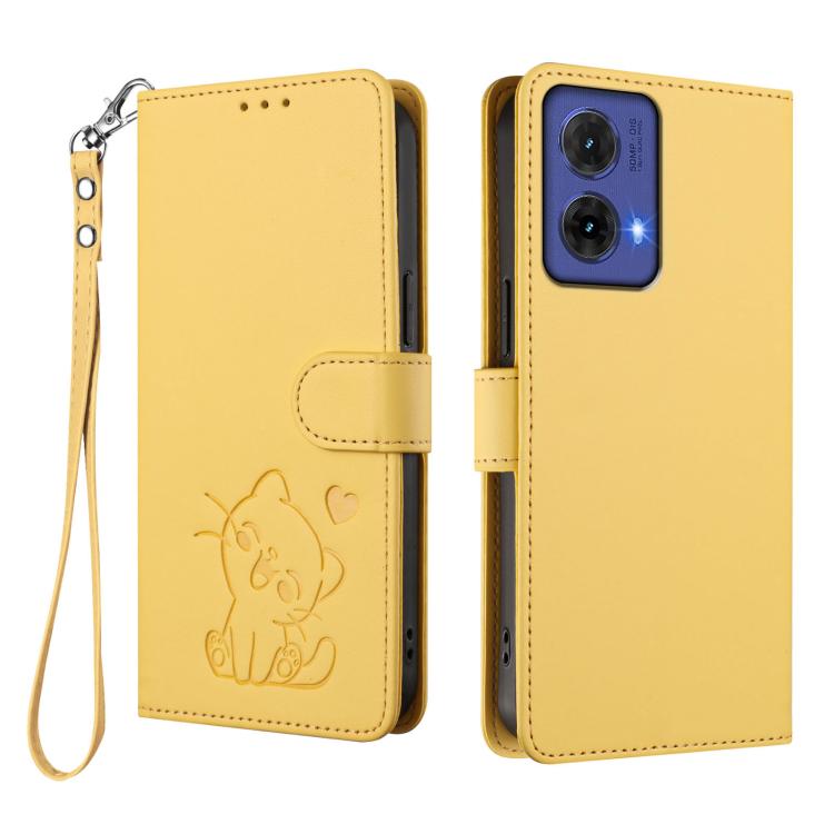 For Motorola Moto G85 5G Embossed Heart Cat Leather Phone Case with Hand Strap