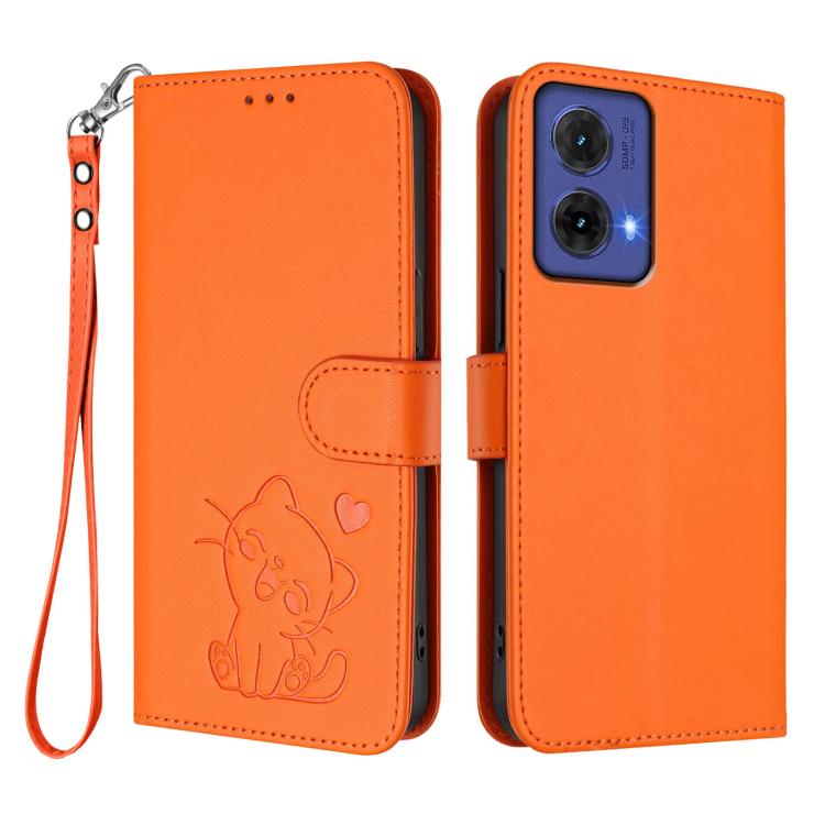For Motorola Moto G85 5G Embossed Heart Cat Leather Phone Case with Hand Strap