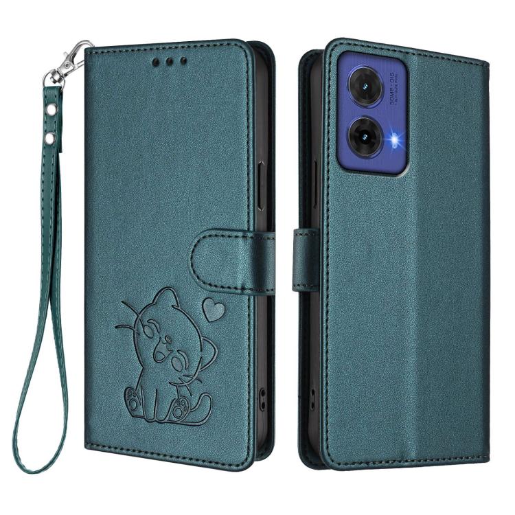 For Motorola Moto G85 5G Embossed Heart Cat Leather Phone Case with Hand Strap