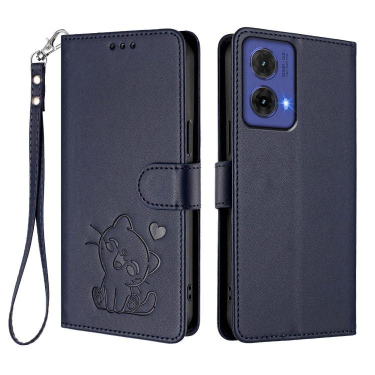 For Motorola Moto G85 5G Embossed Heart Cat Leather Phone Case with Hand Strap