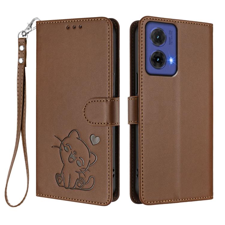 For Motorola Moto G85 5G Embossed Heart Cat Leather Phone Case with Hand Strap