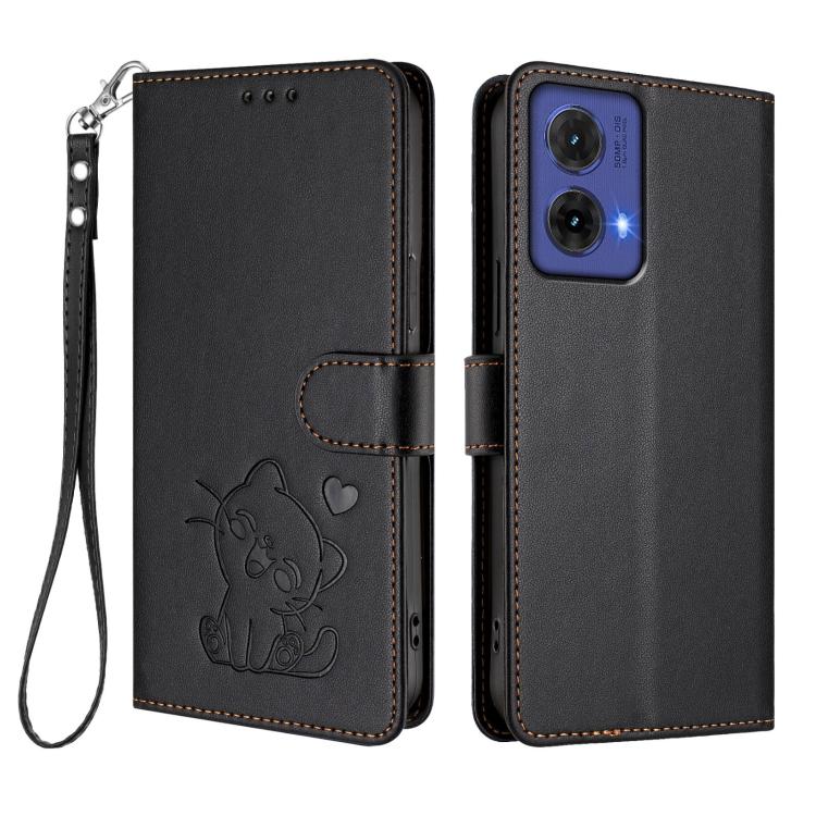 For Motorola Moto G85 5G Embossed Heart Cat Leather Phone Case with Hand Strap
