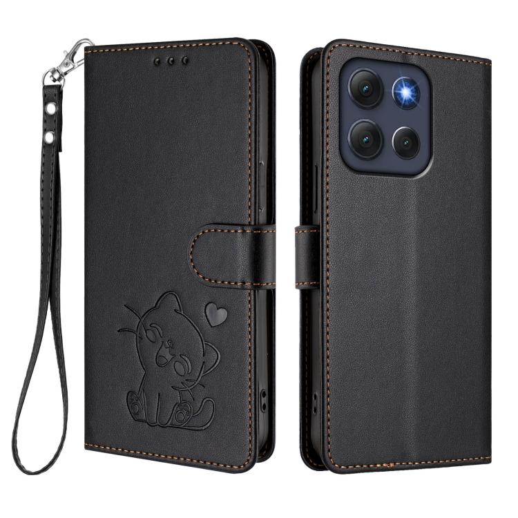 For Motorola Moto G86 5G Embossed Heart Cat Leather Phone Case with Hand Strap