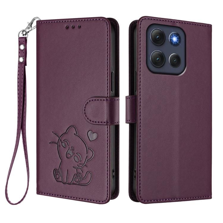 For Motorola Moto G86 Power Embossed Heart Cat Leather Phone Case with Hand Strap