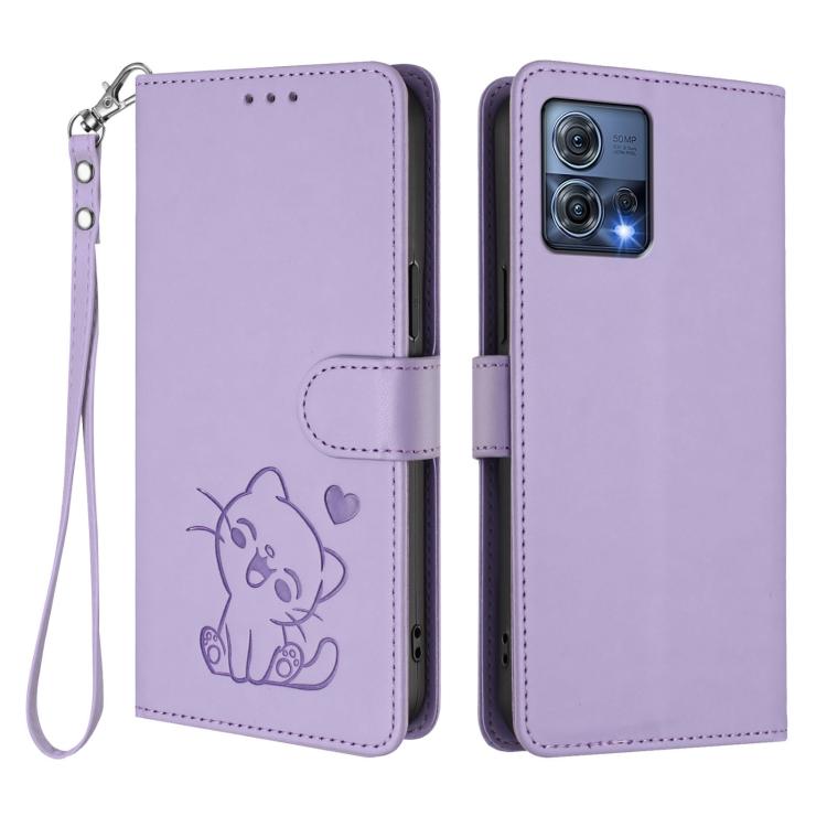 For Motorola Moto S30 Pro 5G Embossed Heart Cat Leather Phone Case with Hand Strap