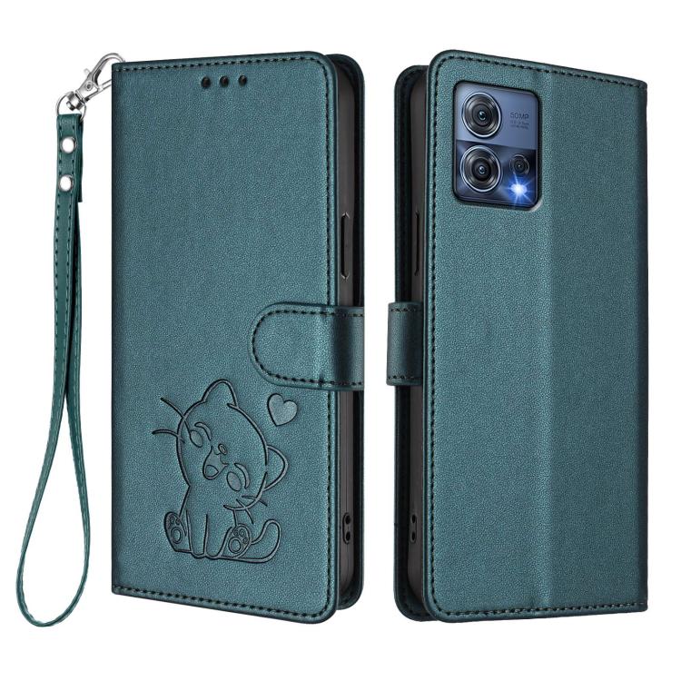 For Motorola Moto S30 Pro 5G Embossed Heart Cat Leather Phone Case with Hand Strap