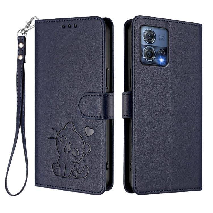 For Motorola Moto S30 Pro 5G Embossed Heart Cat Leather Phone Case with Hand Strap