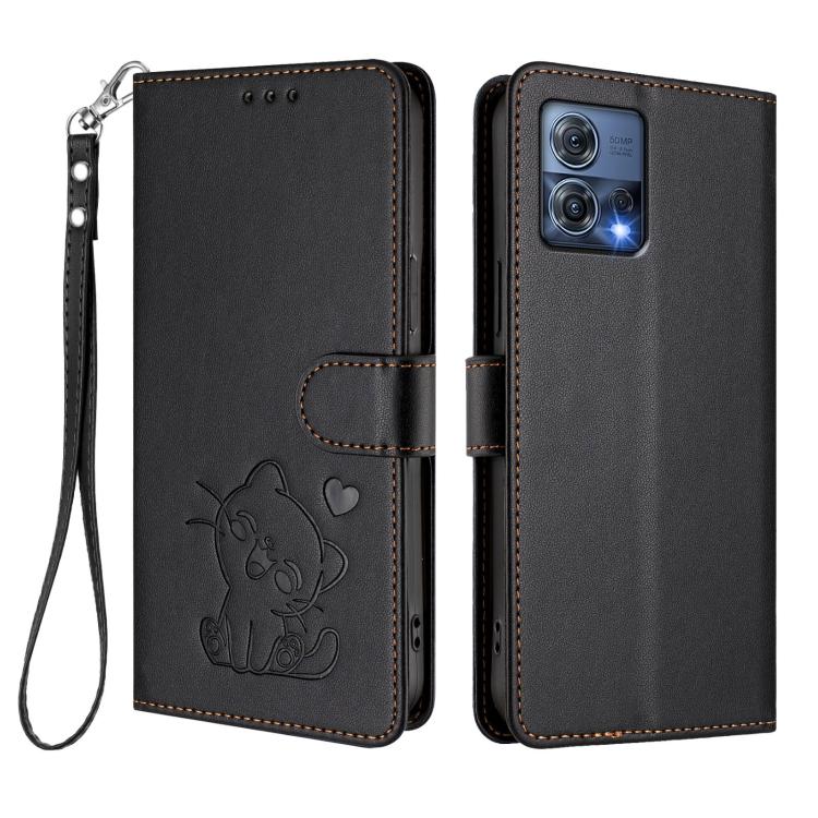 For Motorola Moto S30 Pro 5G Embossed Heart Cat Leather Phone Case with Hand Strap