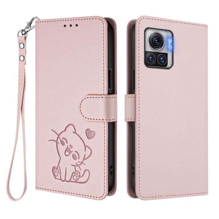 For Motorola Moto X30 Pro 5G Embossed Heart Cat Leather Phone Case with Hand Strap