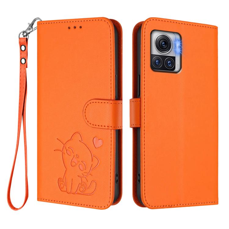 For Motorola Moto X30 Pro 5G Embossed Heart Cat Leather Phone Case with Hand Strap