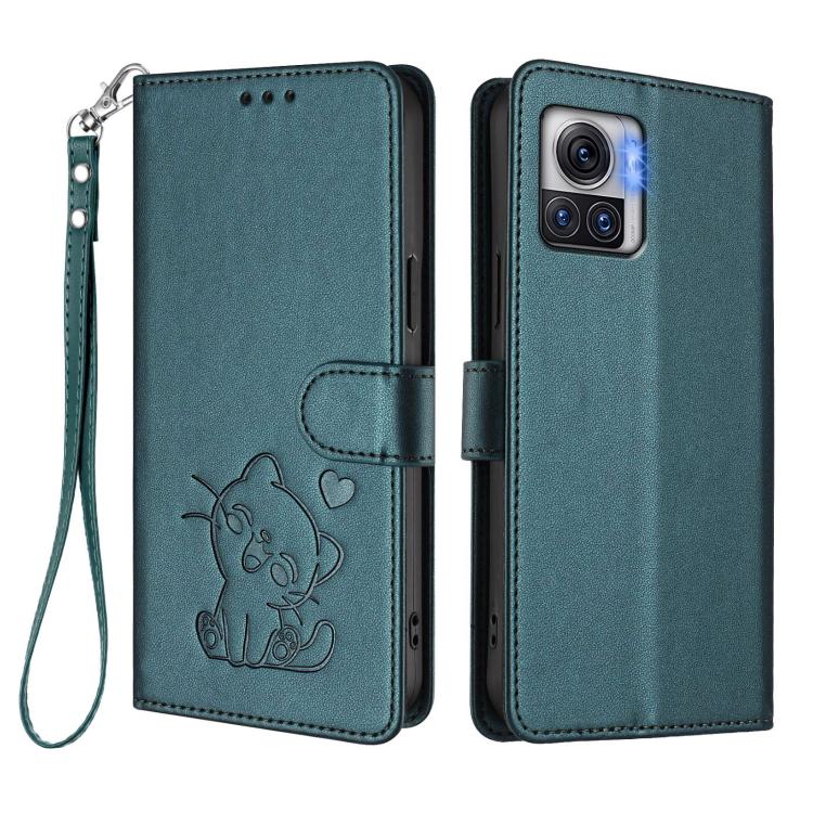 For Motorola Moto X30 Pro 5G Embossed Heart Cat Leather Phone Case with Hand Strap