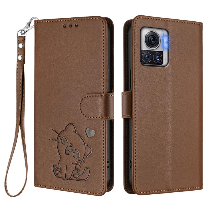 For Motorola Moto X30 Pro 5G Embossed Heart Cat Leather Phone Case with Hand Strap