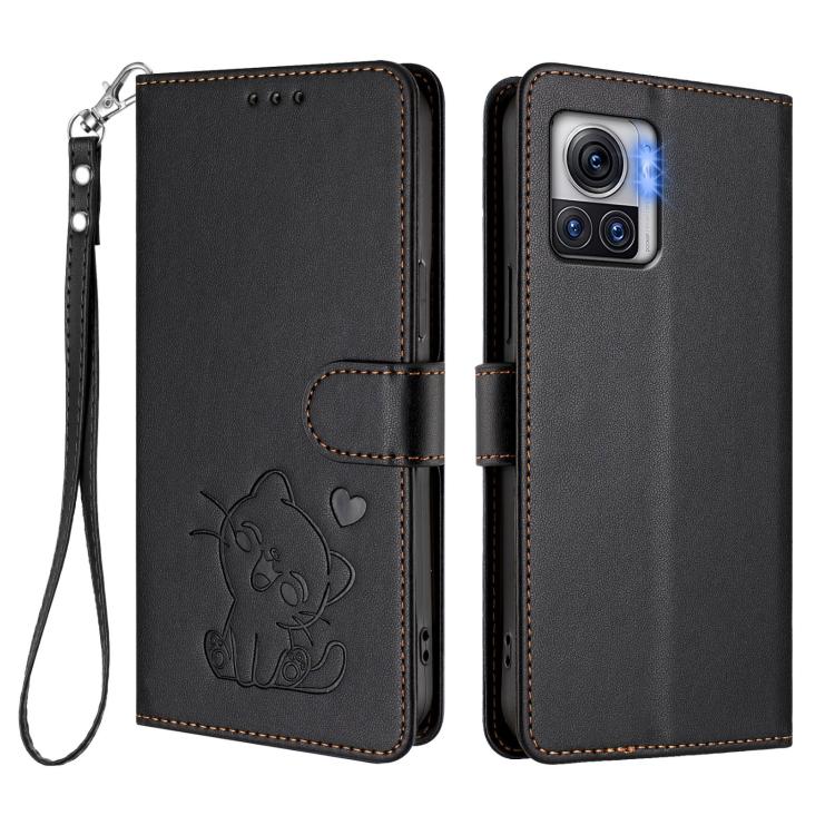 For Motorola Moto X30 Pro 5G Embossed Heart Cat Leather Phone Case with Hand Strap
