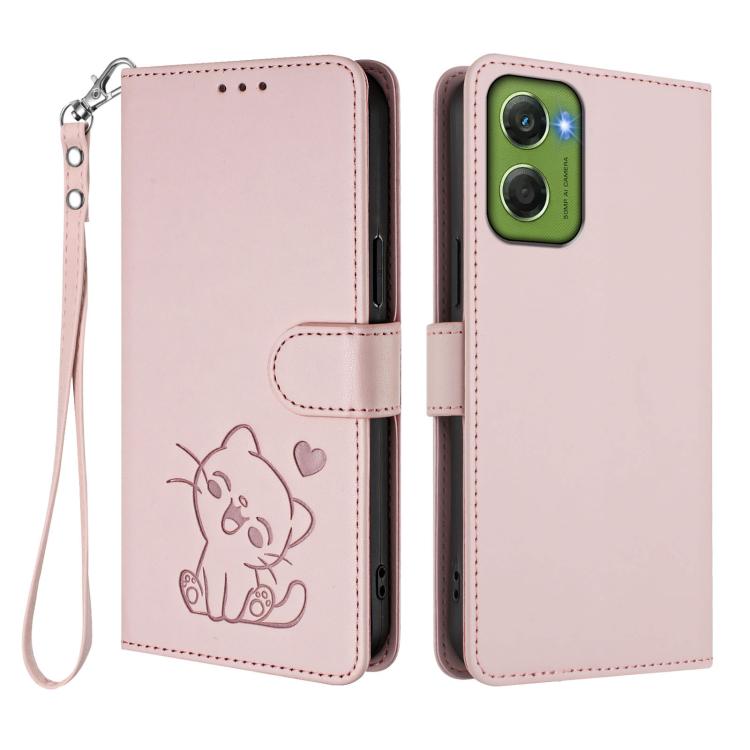 For Motorola Moto G06 4G Embossed Heart Cat Leather Phone Case with Hand Strap