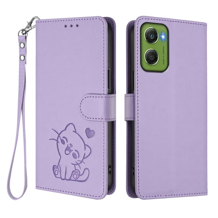 For Motorola Moto G06 4G Embossed Heart Cat Leather Phone Case with Hand Strap