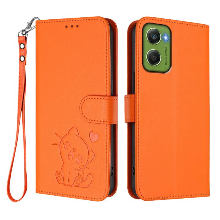 For Motorola Moto G06 4G Embossed Heart Cat Leather Phone Case with Hand Strap