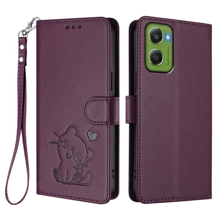For Motorola Moto G06 4G Embossed Heart Cat Leather Phone Case with Hand Strap