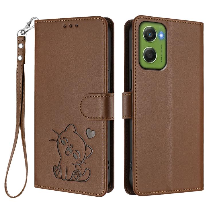 For Motorola Moto G06 4G Embossed Heart Cat Leather Phone Case with Hand Strap