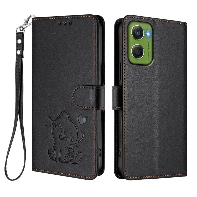For Motorola Moto G06 4G Embossed Heart Cat Leather Phone Case with Hand Strap