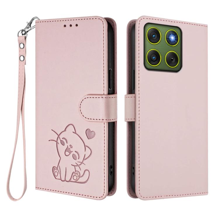 For Motorola Moto X70 Air 5G / Edge 70 5G Embossed Heart Cat Leather Phone Case with Hand Strap