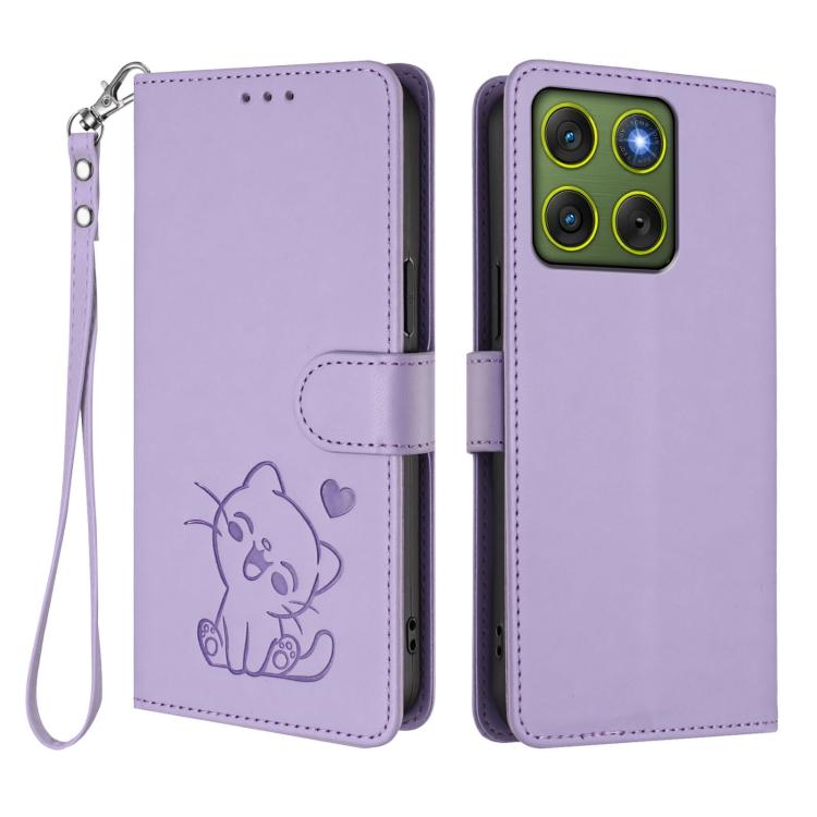 For Motorola Moto X70 Air 5G / Edge 70 5G Embossed Heart Cat Leather Phone Case with Hand Strap