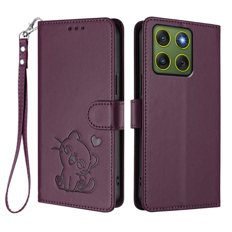 For Motorola Moto X70 Air 5G / Edge 70 5G Embossed Heart Cat Leather Phone Case with Hand Strap