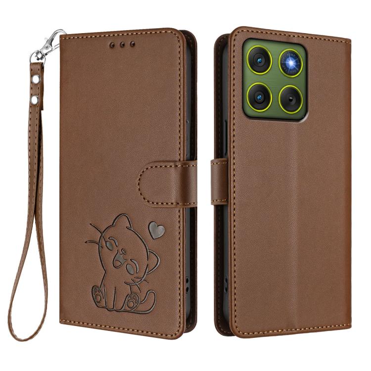 For Motorola Moto X70 Air 5G / Edge 70 5G Embossed Heart Cat Leather Phone Case with Hand Strap