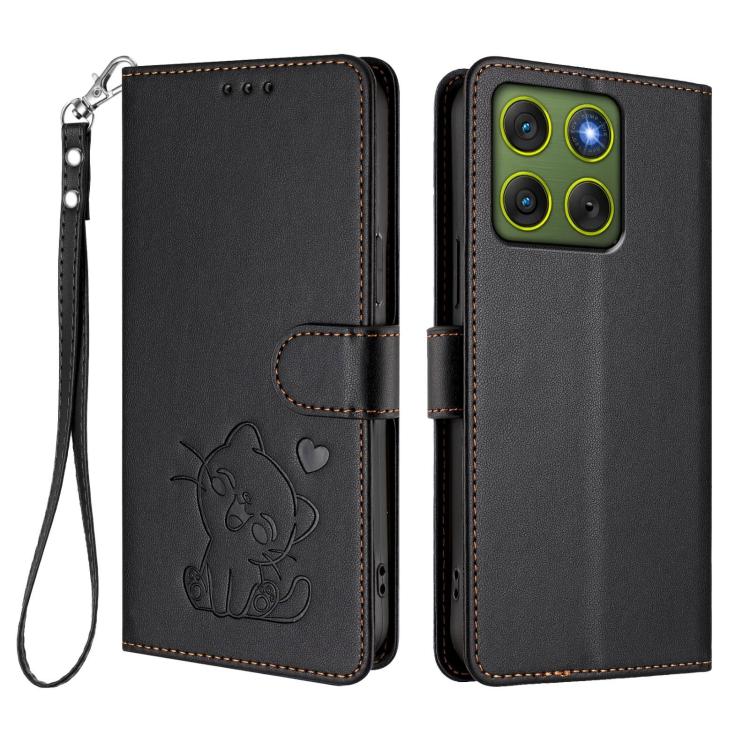 For Motorola Moto X70 Air 5G / Edge 70 5G Embossed Heart Cat Leather Phone Case with Hand Strap