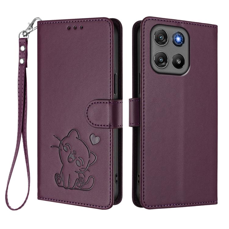 For Motorola Moto G67 Power 5G Embossed Heart Cat Leather Phone Case with Hand Strap