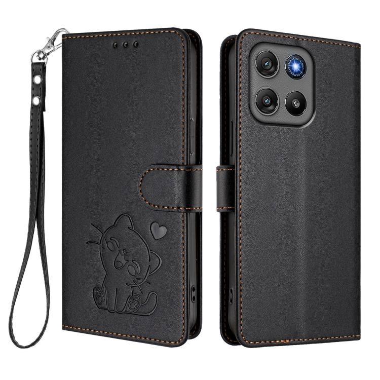 For Motorola Moto G67 Power 5G Embossed Heart Cat Leather Phone Case with Hand Strap