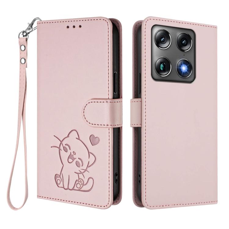 For Motorola Moto X70 Air Pro / Signature 5G Embossed Heart Cat Leather Phone Case with Hand Strap