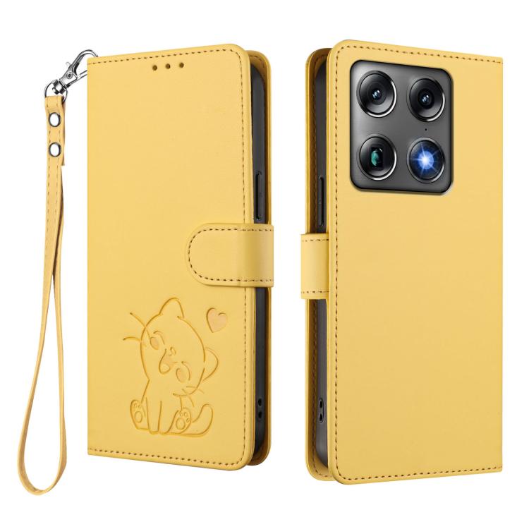 For Motorola Moto X70 Air Pro / Signature 5G Embossed Heart Cat Leather Phone Case with Hand Strap