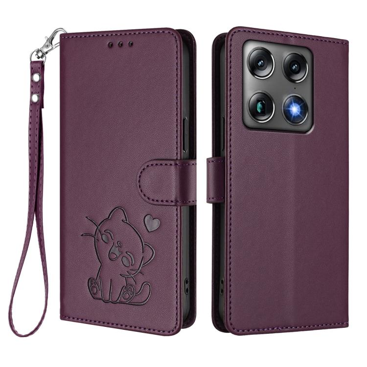 For Motorola Moto X70 Air Pro / Signature 5G Embossed Heart Cat Leather Phone Case with Hand Strap