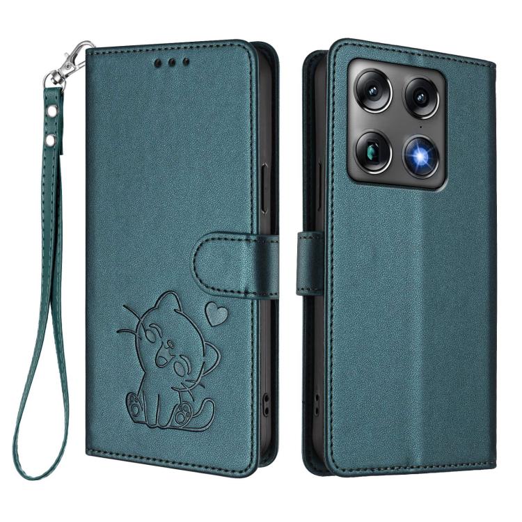 For Motorola Moto X70 Air Pro / Signature 5G Embossed Heart Cat Leather Phone Case with Hand Strap