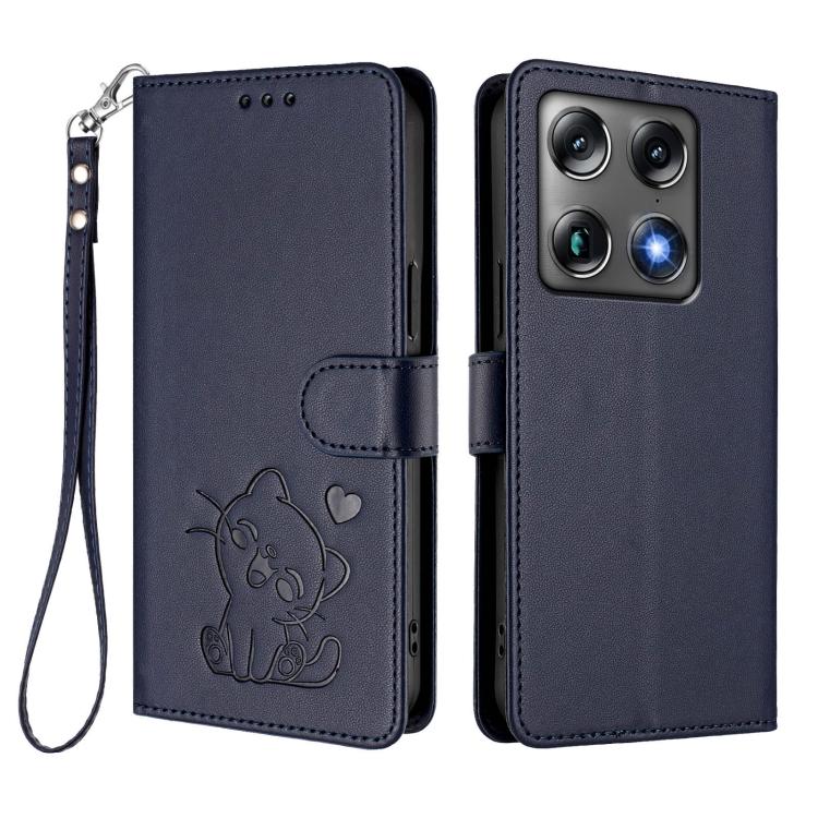 For Motorola Moto X70 Air Pro / Signature 5G Embossed Heart Cat Leather Phone Case with Hand Strap